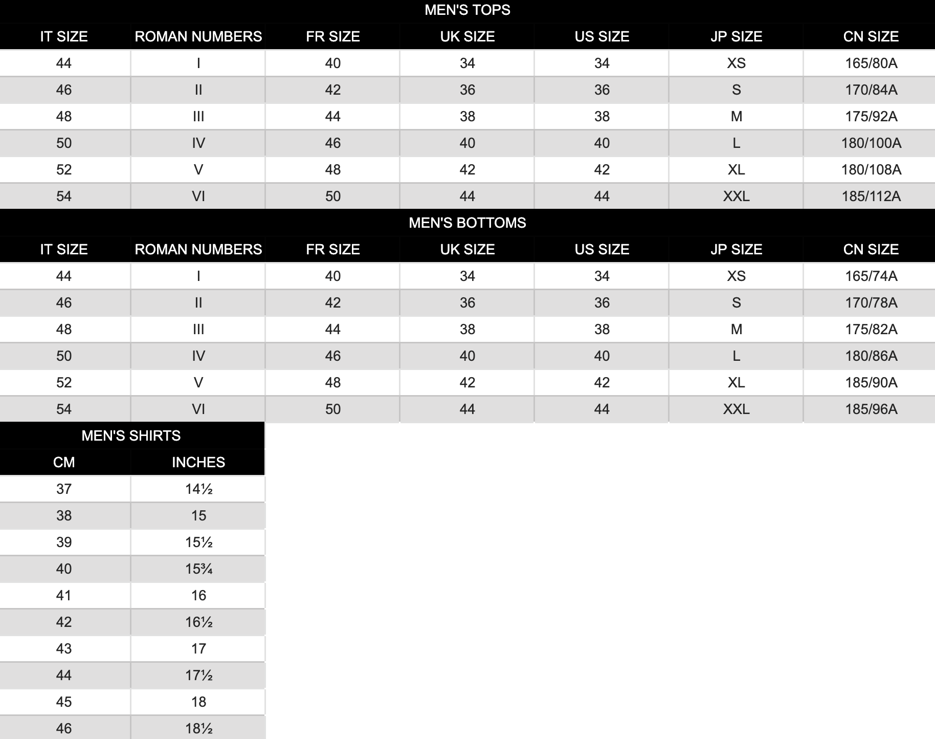 dolce gabbana size chart - men