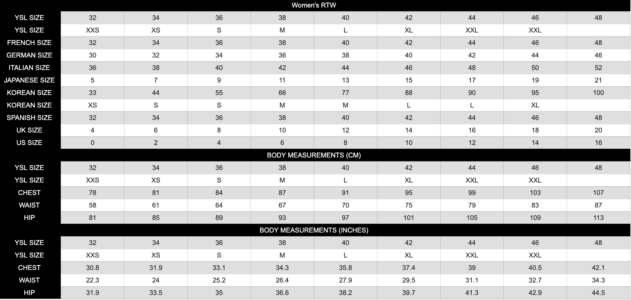 Saint Laurent Size Chart
