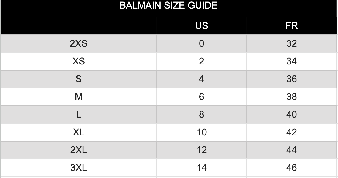Balmain Size Chart