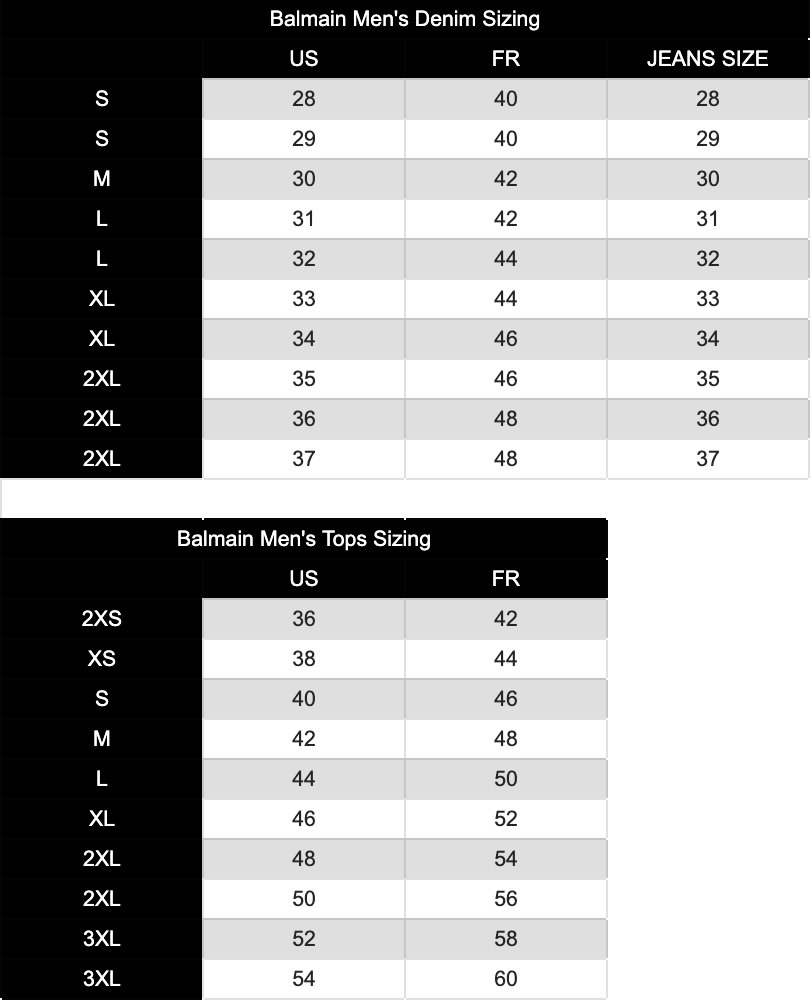 Balmain Size Chart