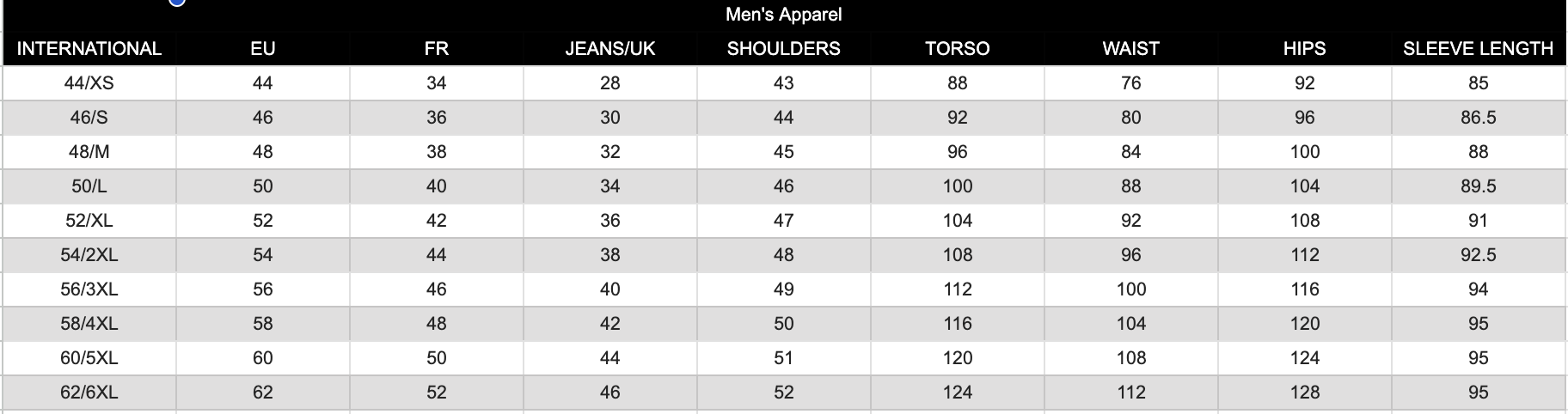 Versace Size Chart