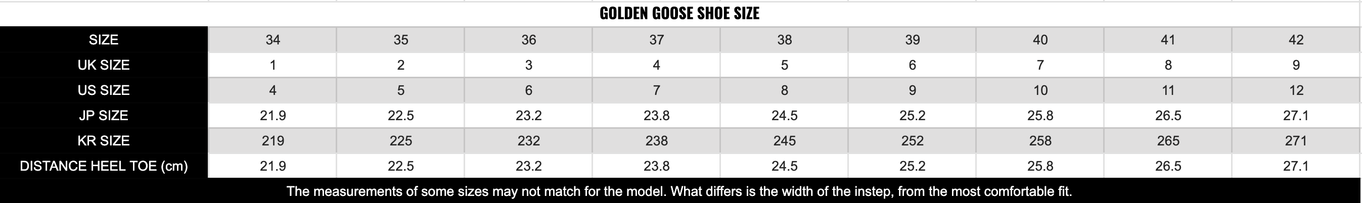 Golden Goose Size Chart