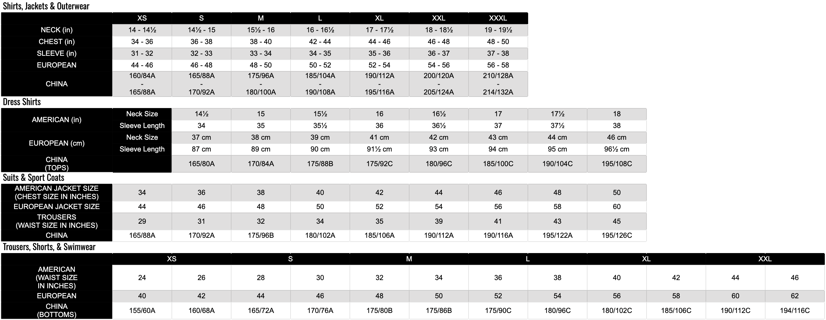 Off-White Size Chart
