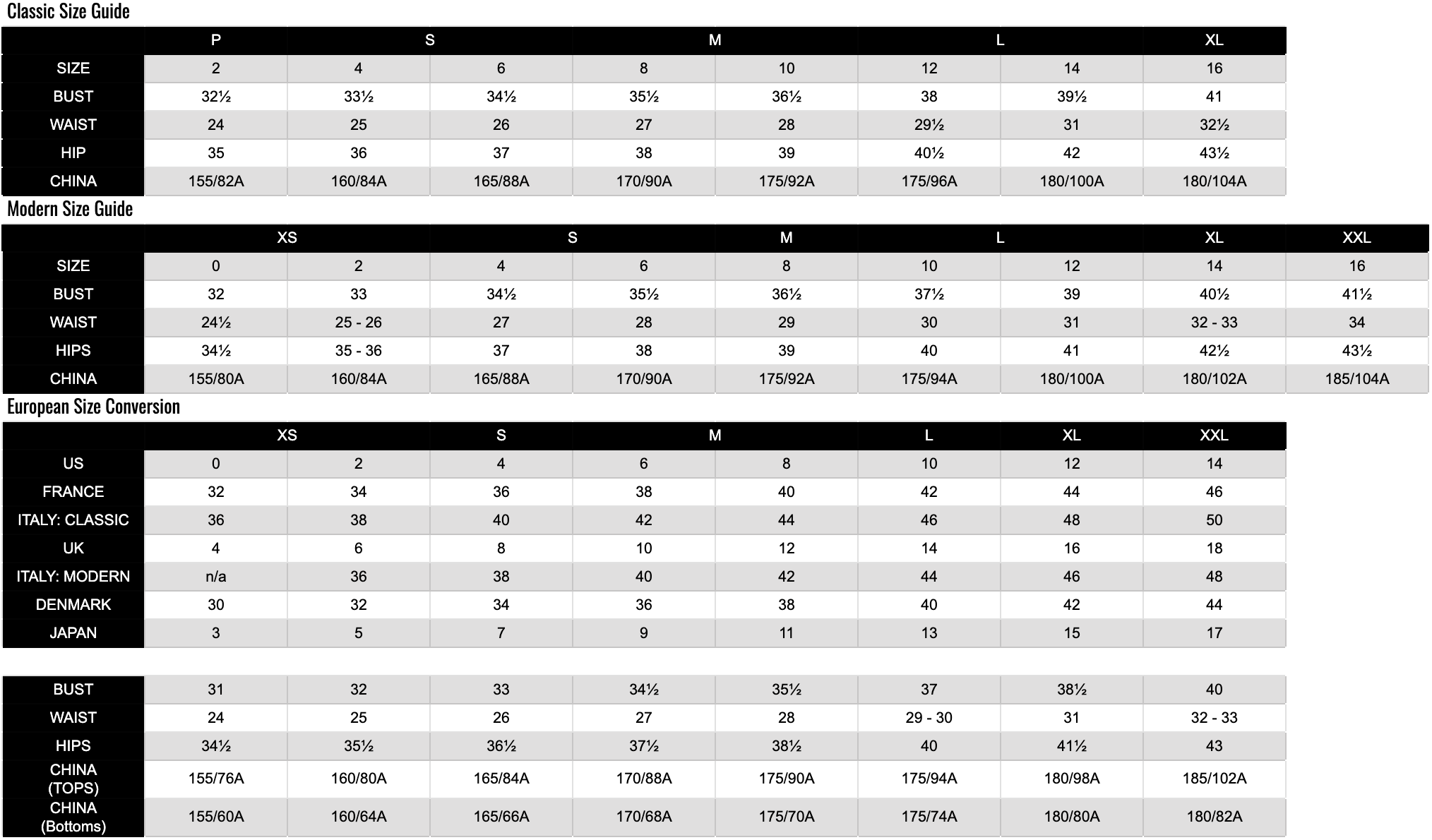 Jil Sander Size Chart