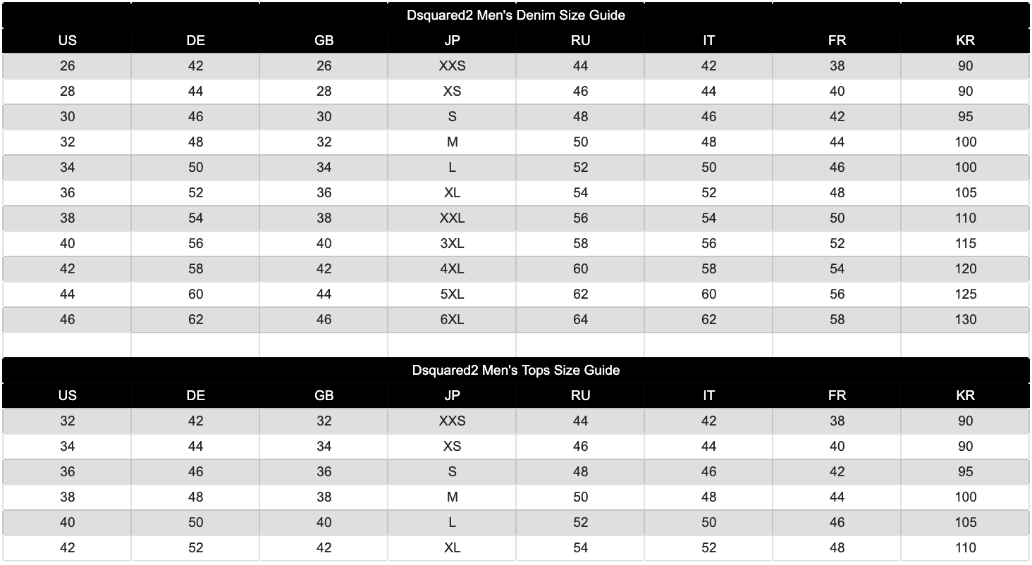 Dsquared2 Size Chart